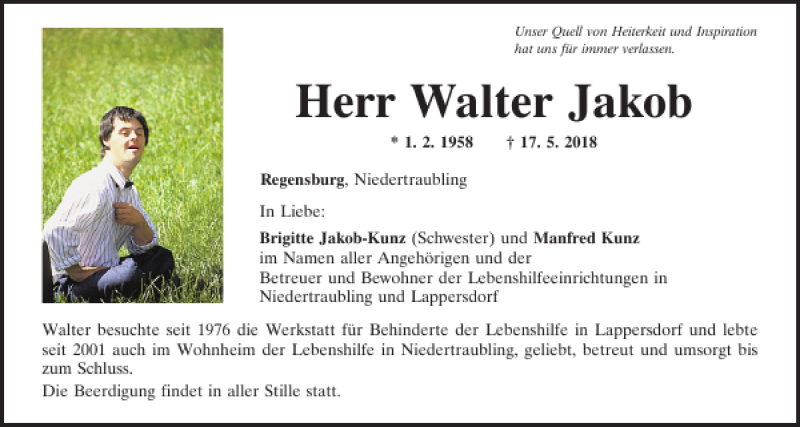  Traueranzeige für Walter Jakob vom 19.05.2018 aus Mittelbayerische Zeitung Regensburg