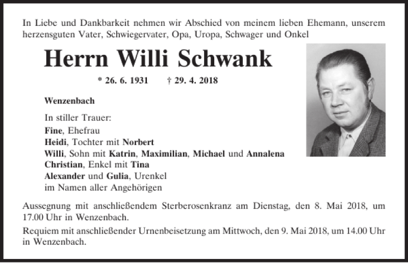  Traueranzeige für Willi Schwank vom 05.05.2018 aus Mittelbayerische Zeitung Regensburg