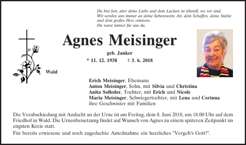  Traueranzeige für Agnes Meisinger vom 06.06.2018 aus Bayerwald Echo