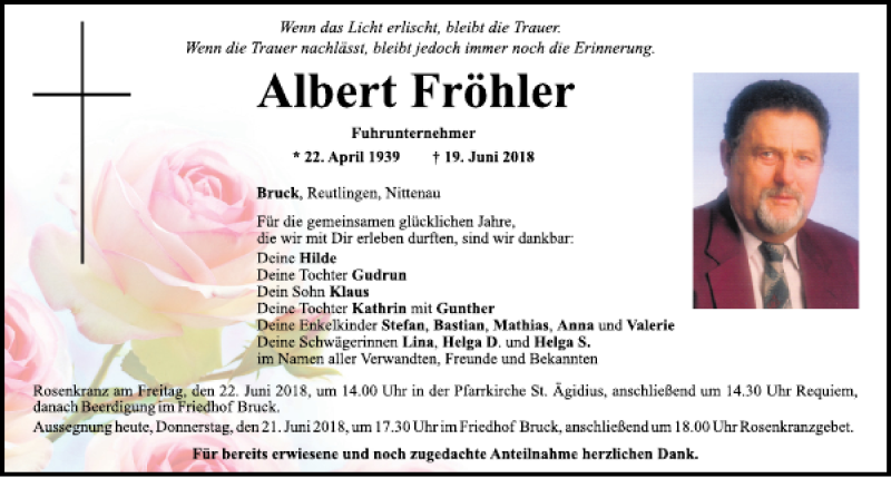  Traueranzeige für Albert Fröhler vom 21.06.2018 aus Mittelbayerische Zeitung Regensburg