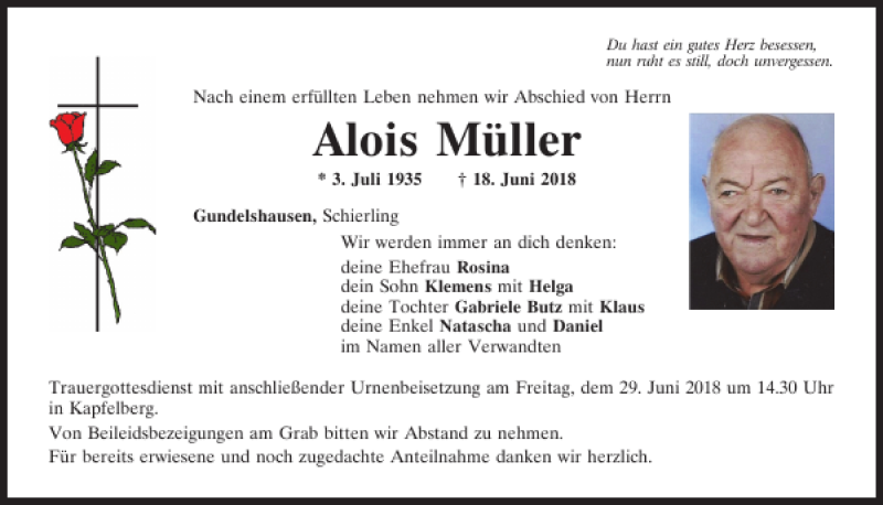  Traueranzeige für Alois Müller vom 27.06.2018 aus Mittelbayerische Zeitung Regensburg