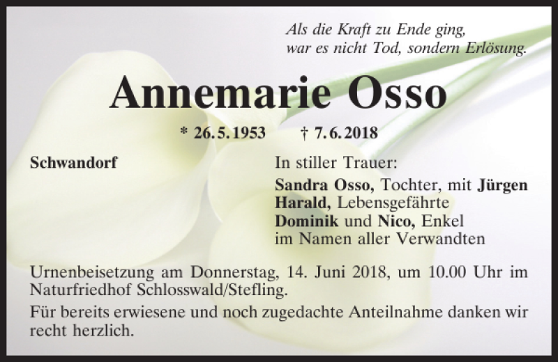  Traueranzeige für Annemarie Osso vom 09.06.2018 aus Mittelbayerische Zeitung Schwandorf