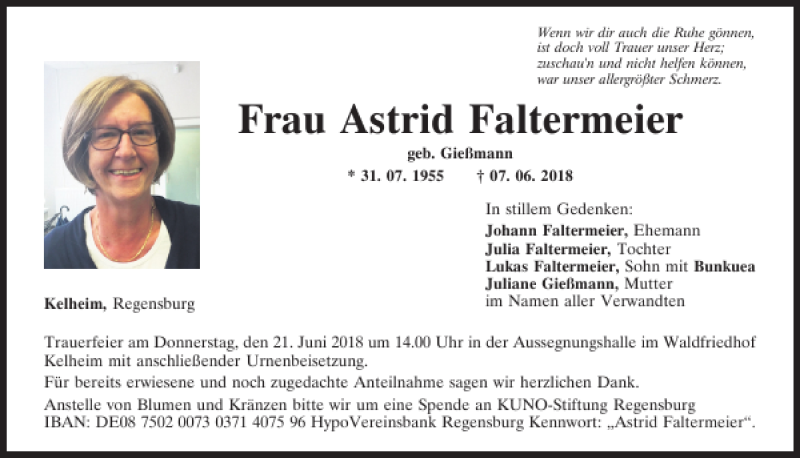  Traueranzeige für Astrid Faltermeier vom 20.06.2018 aus Mittelbayerische Zeitung Kelheim