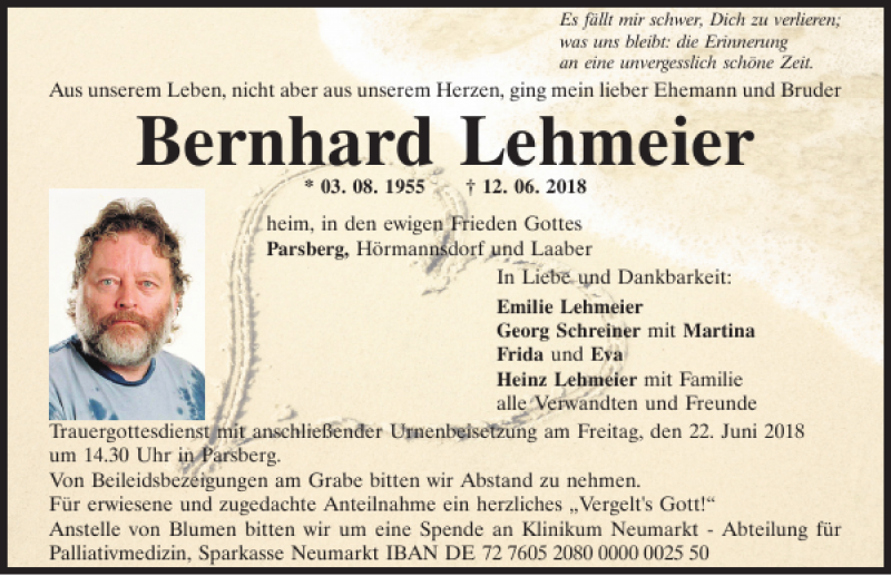  Traueranzeige für Bernhard Lehmeier vom 19.06.2018 aus Neumarkter Tagblatt