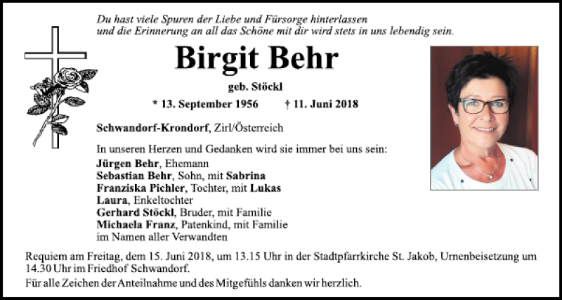  Traueranzeige für Birgit Behr vom 13.06.2018 aus Mittelbayerische Zeitung Schwandorf