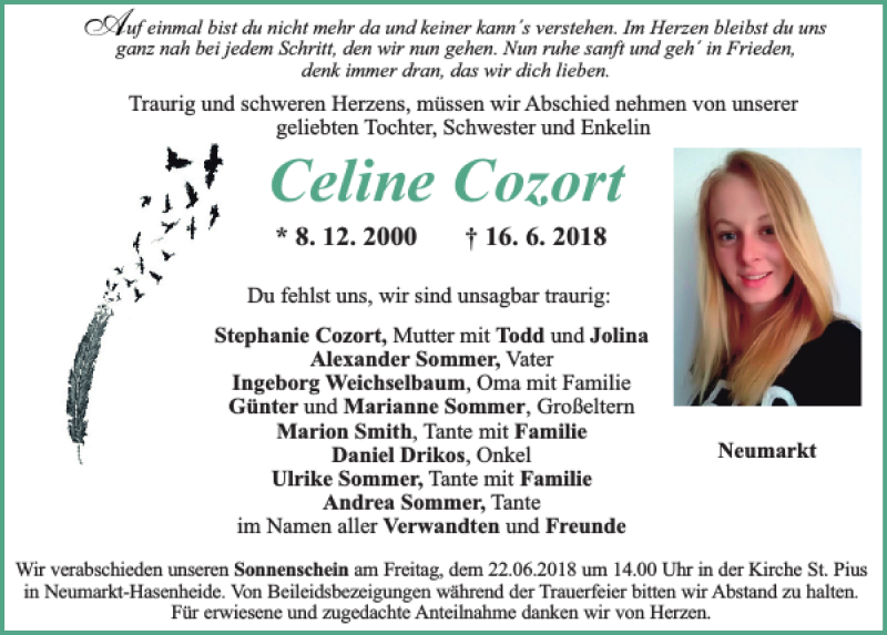  Traueranzeige für Celine Cozort vom 21.06.2018 aus Neumarkter Tagblatt