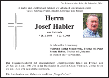 Traueranzeige von Cham Josef Habler von Bayerwald Echo