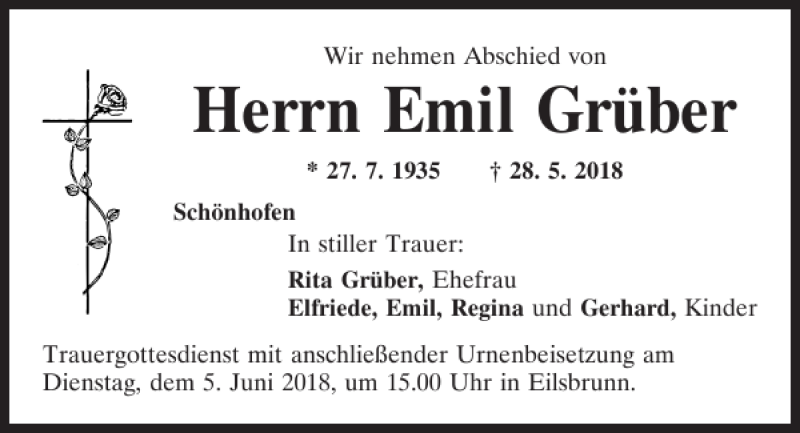  Traueranzeige für Emil Grüber vom 02.06.2018 aus Mittelbayerische Zeitung Regensburg