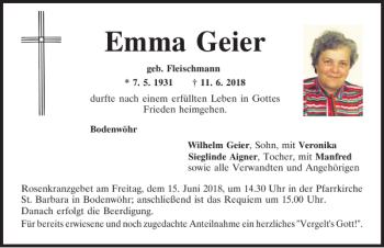 Traueranzeigen von Emma Geier | Mittelbayerische Trauer