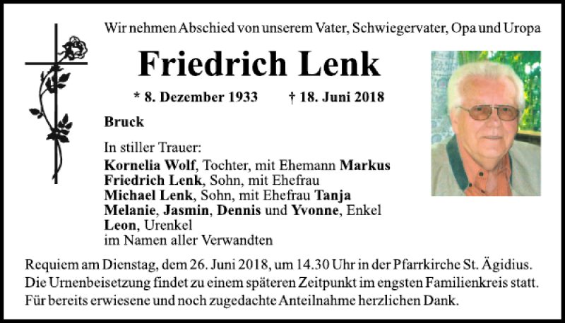  Traueranzeige für Friedrich Lenk vom 23.06.2018 aus Mittelbayerische Zeitung Schwandorf