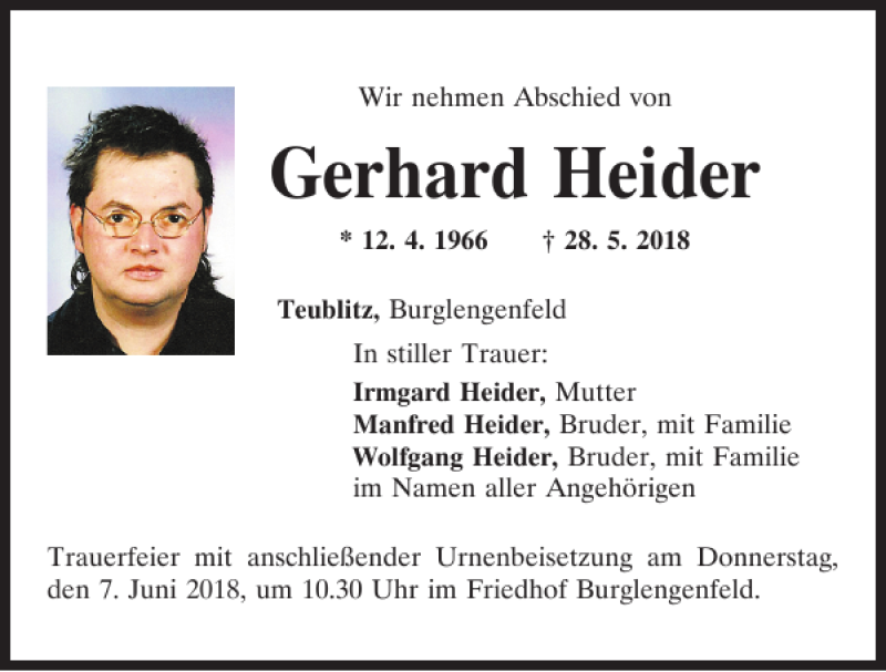  Traueranzeige für Gerhard Heider vom 04.06.2018 aus Mittelbayerische Zeitung Schwandorf