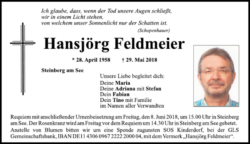  Traueranzeige für Hansjörg Feldmeier vom 02.06.2018 aus Mittelbayerische Zeitung Schwandorf