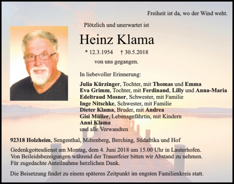  Traueranzeige für Heinz Klama vom 02.06.2018 aus Neumarkter Tagblatt