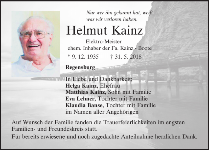  Traueranzeige für Helmut Kainz vom 09.06.2018 aus Mittelbayerische Zeitung Regensburg