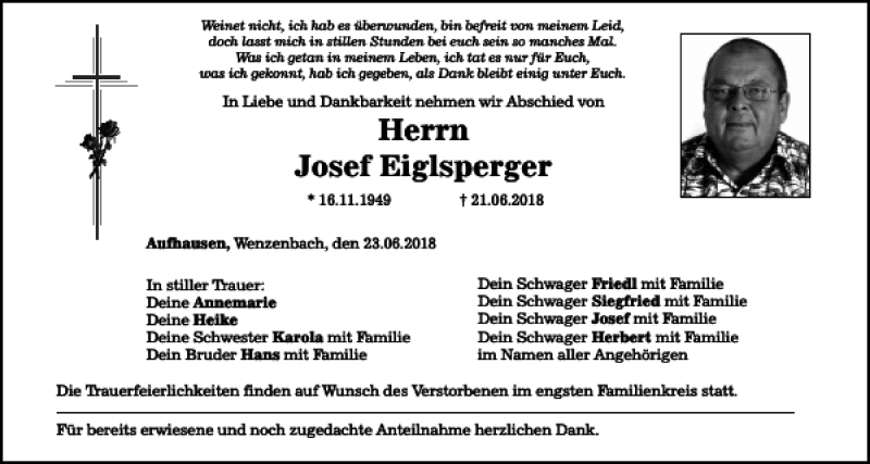  Traueranzeige für Josef Eiglsperger vom 23.06.2018 aus Mittelbayerische Zeitung Regensburg