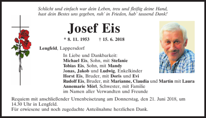  Traueranzeige für Josef Eis vom 19.06.2018 aus Mittelbayerische Zeitung Kelheim