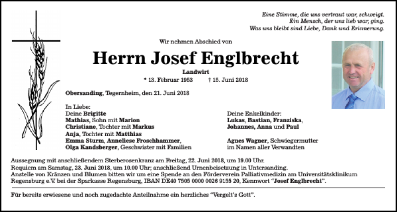  Traueranzeige für Josef Englbrecht vom 21.06.2018 aus Mittelbayerische Zeitung Regensburg