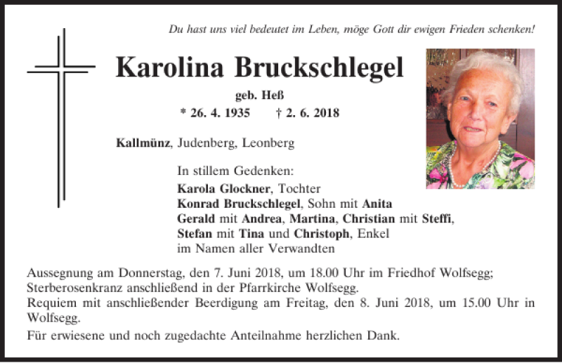  Traueranzeige für Karolina Bruchschlegel vom 06.06.2018 aus Mittelbayerische Zeitung Regensburg