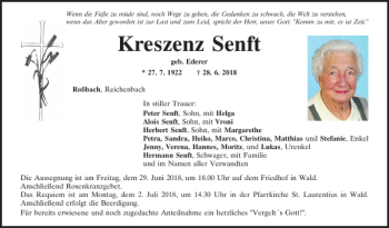 Traueranzeige von Kreszenz Senft von Mittelbayerische Zeitung Regensburg