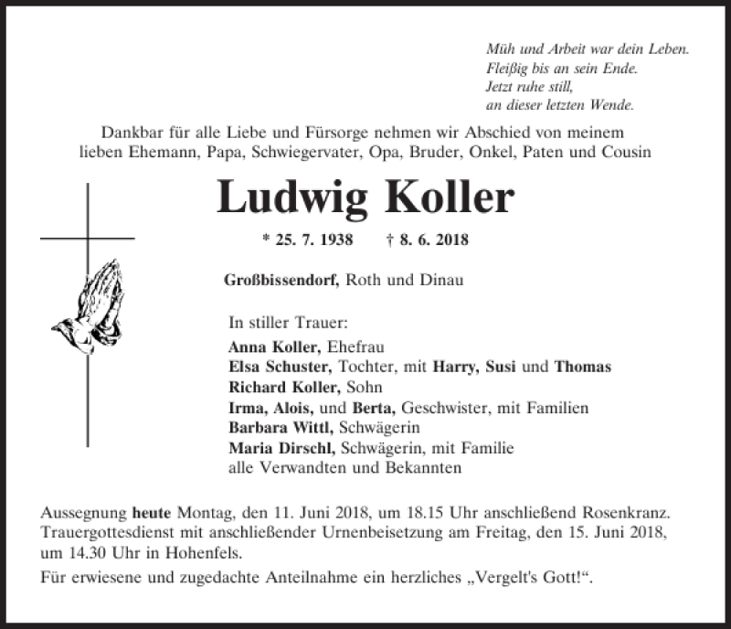  Traueranzeige für Ludwig Koller vom 11.06.2018 aus Neumarkter Tagblatt