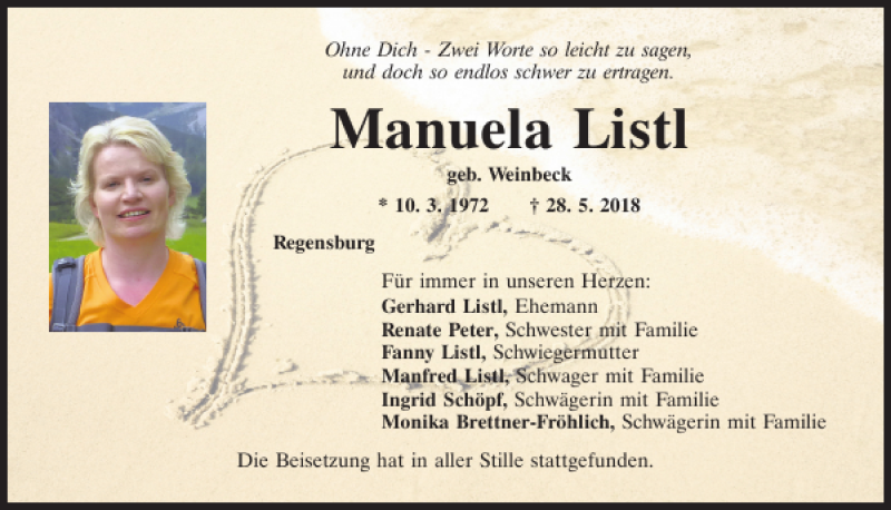  Traueranzeige für Manuela Listl vom 06.06.2018 aus Mittelbayerische Zeitung Regensburg