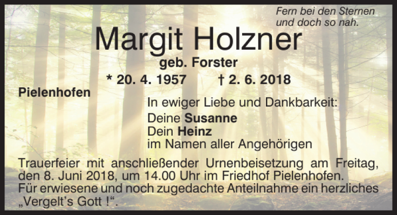  Traueranzeige für Margit Holzer vom 06.06.2018 aus Mittelbayerische Zeitung Regensburg