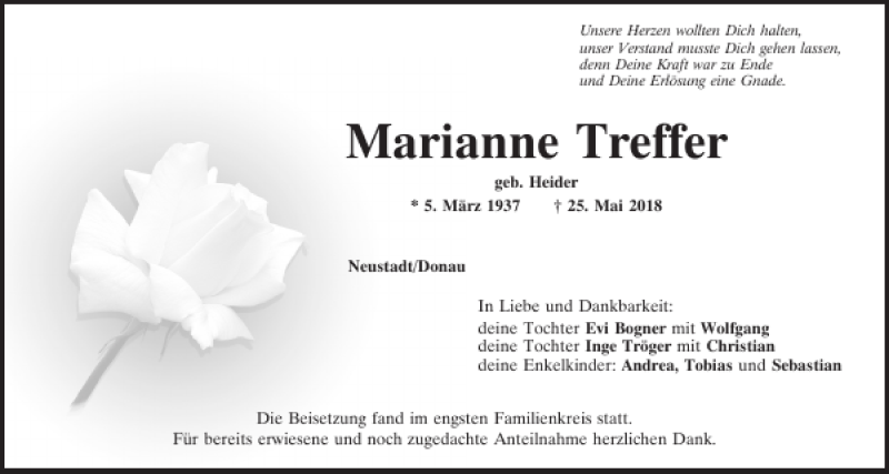  Traueranzeige für Marianne Treffer vom 02.06.2018 aus Mittelbayerische Zeitung Kelheim