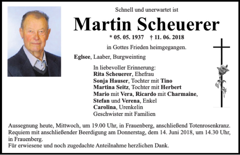  Traueranzeige für Martin Scheuerer vom 13.06.2018 aus Mittelbayerische Zeitung Regensburg