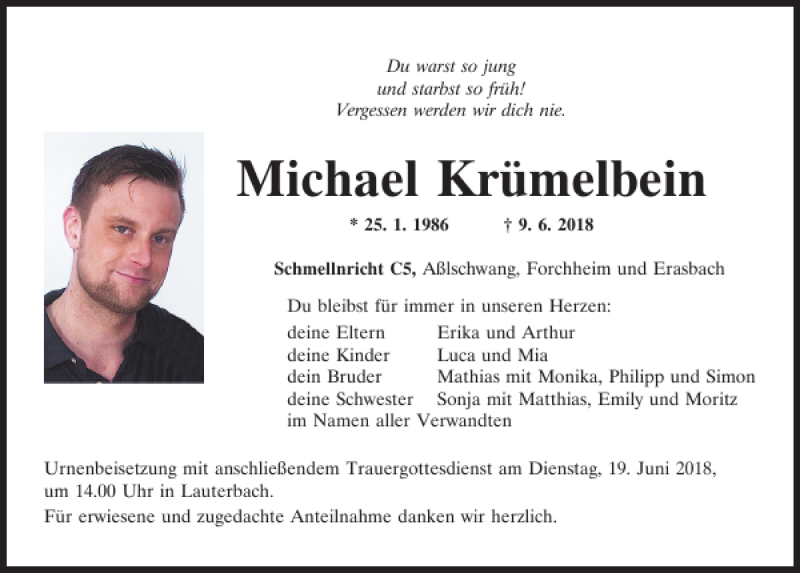  Traueranzeige für Michael Krümelbein vom 16.06.2018 aus Neumarkter Tagblatt