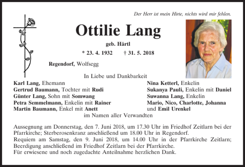  Traueranzeige für Ottilie Lang vom 02.06.2018 aus Mittelbayerische Zeitung Regensburg