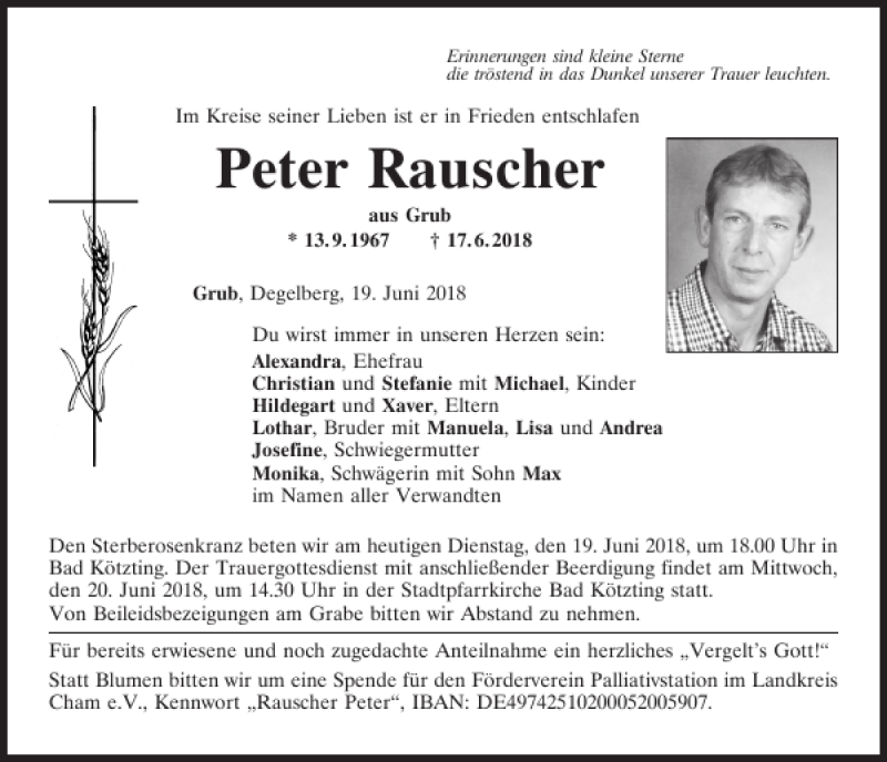  Traueranzeige für Peter Rauscher vom 19.06.2018 aus Bayerwald Echo