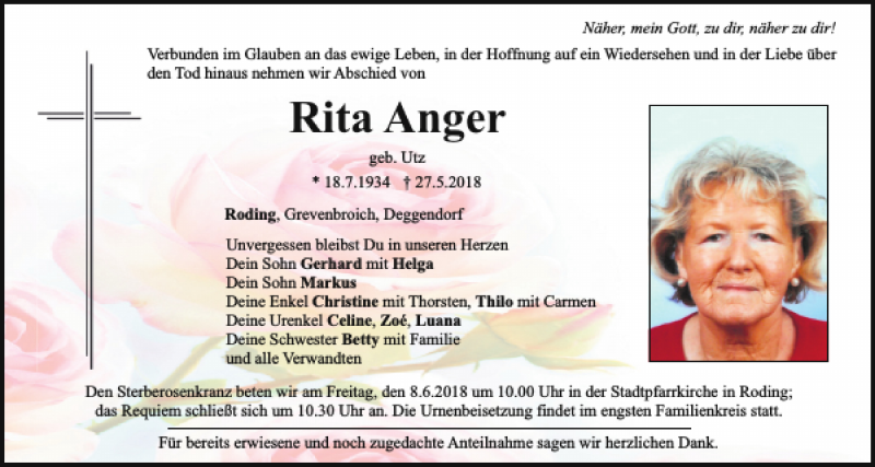  Traueranzeige für Rita Anger vom 06.06.2018 aus Bayerwald Echo