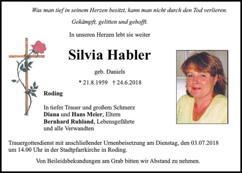  Traueranzeige für Silvia Habler vom 30.06.2018 aus Bayerwald Echo