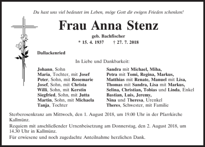  Traueranzeige für Anna Stenz vom 31.07.2018 aus Mittelbayerische Zeitung Regensburg