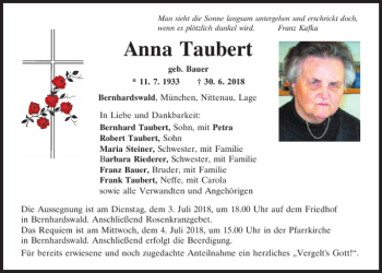 Traueranzeige von Anna Taubert von Mittelbayerische Zeitung Regensburg