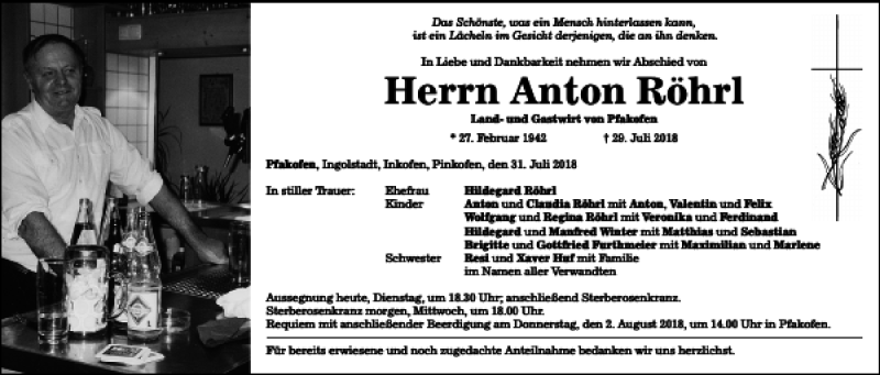  Traueranzeige für Anton Röhrl vom 31.07.2018 aus Mittelbayerische Zeitung Regensburg