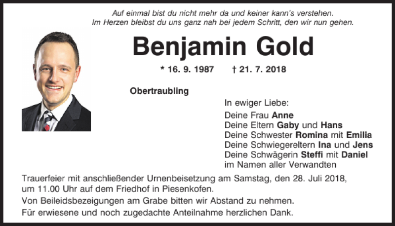  Traueranzeige für Benjamin Gold vom 25.07.2018 aus Mittelbayerische Zeitung Regensburg