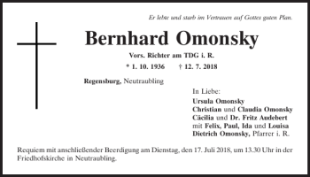 Traueranzeige von Bernhard Omonsky von Mittelbayerische Zeitung Regensburg