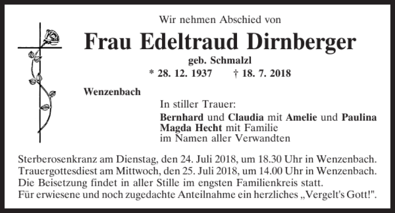  Traueranzeige für Edeltraud Dirnberger vom 21.07.2018 aus Mittelbayerische Zeitung Regensburg