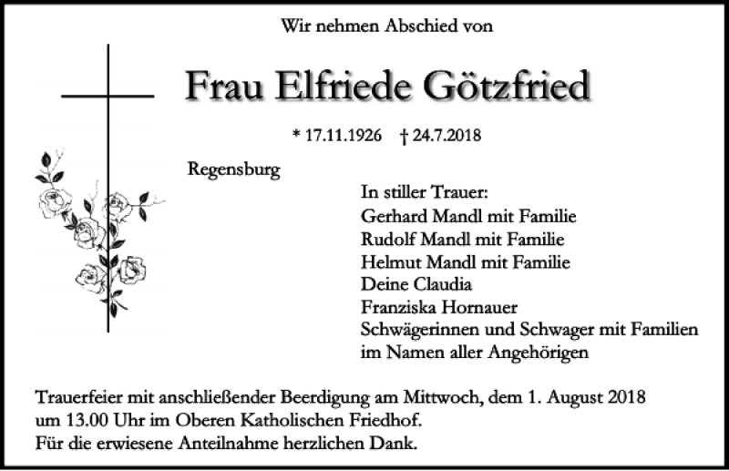  Traueranzeige für Elfriede Götzfried vom 28.07.2018 aus Mittelbayerische Zeitung Regensburg