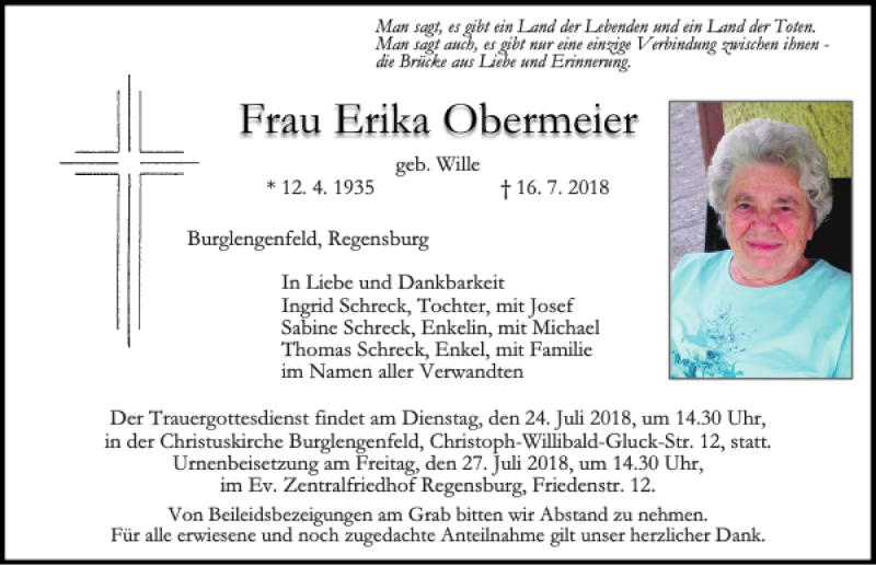  Traueranzeige für Erika Obermeier vom 21.07.2018 aus Mittelbayerische Zeitung Schwandorf