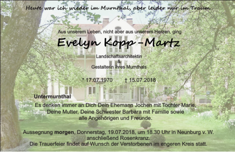  Traueranzeige für Evelyn Kopp-Martz vom 18.07.2018 aus Mittelbayerische Zeitung Schwandorf