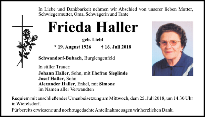  Traueranzeige für Frieda Haller vom 21.07.2018 aus Mittelbayerische Zeitung Schwandorf