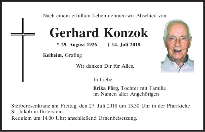  Traueranzeige für Gerhard Konzok vom 24.07.2018 aus Mittelbayerische Zeitung Kelheim