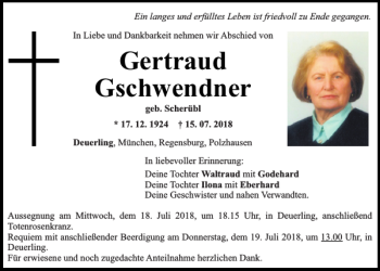 Traueranzeige von Gertraud Gschwendner von Mittelbayerische Zeitung Regensburg