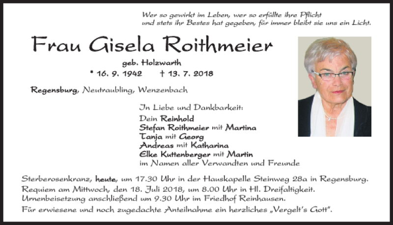  Traueranzeige für Gisela Roithmeier vom 17.07.2018 aus Mittelbayerische Zeitung Regensburg