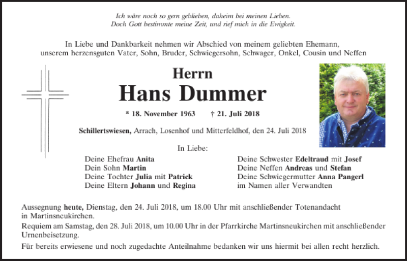  Traueranzeige für Hans Dummer vom 24.07.2018 aus Bayerwald Echo