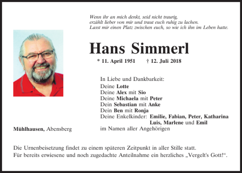  Traueranzeige für Hans Simmerl vom 14.07.2018 aus Mittelbayerische Zeitung Kelheim