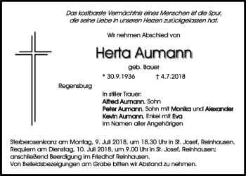 Traueranzeige von Herta Aumann von Mittelbayerische Zeitung Regensburg