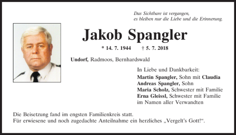  Traueranzeige für Jakob Spangler vom 14.07.2018 aus Mittelbayerische Zeitung Regensburg